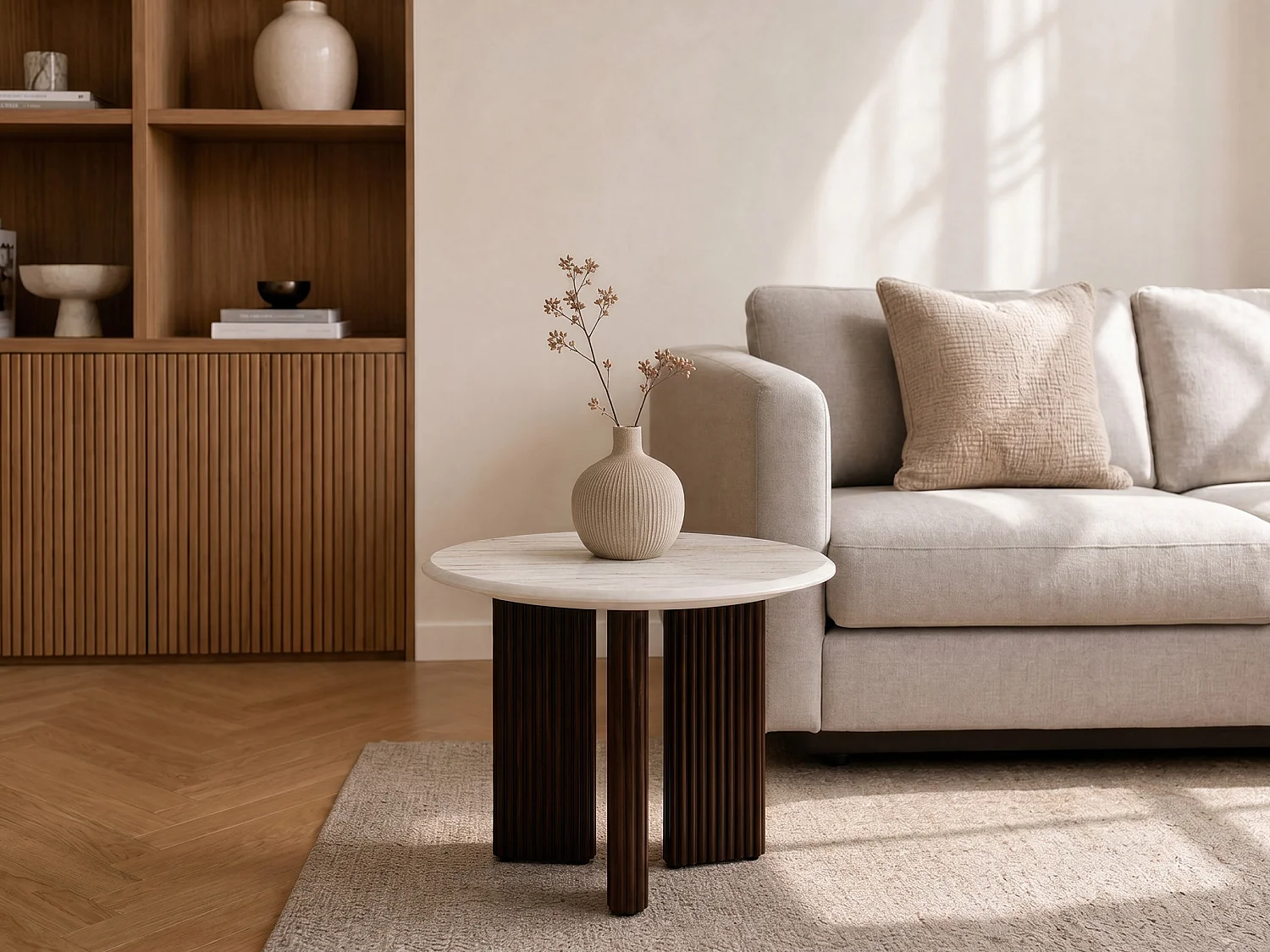 Table d'appoint en marbre et bois d'acacia - Blanc et Naturel foncé - KIYARA