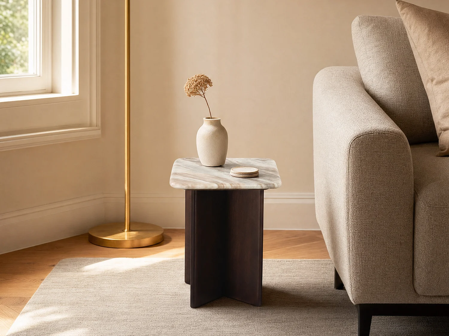 Table d'appoint en marbre et bois d'acacia - Beige et Naturel foncé - NEYALIA