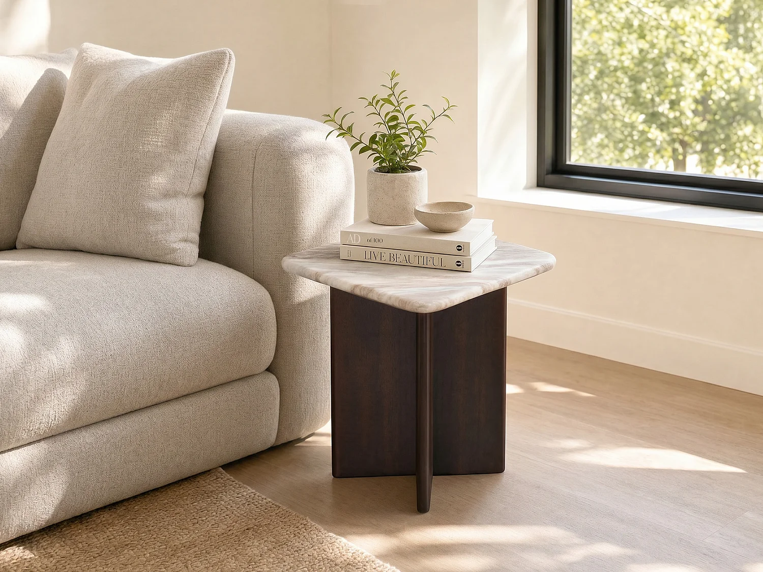 Table d'appoint en marbre et bois d'acacia - Beige et Naturel foncé - NEYALIA