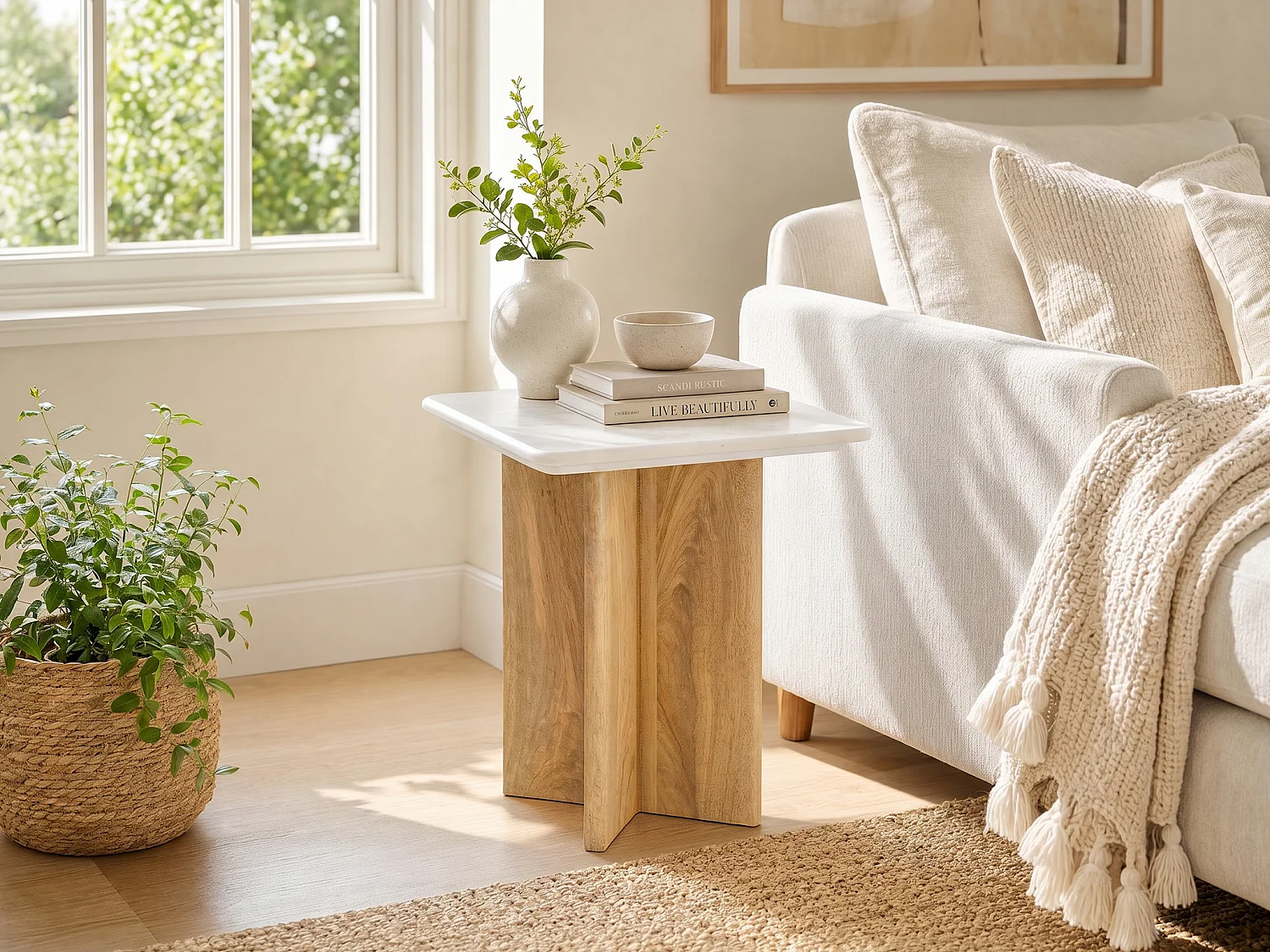 Table d'appoint en marbre et bois de manguier - Blanc et Naturel clair - NEYALIA
