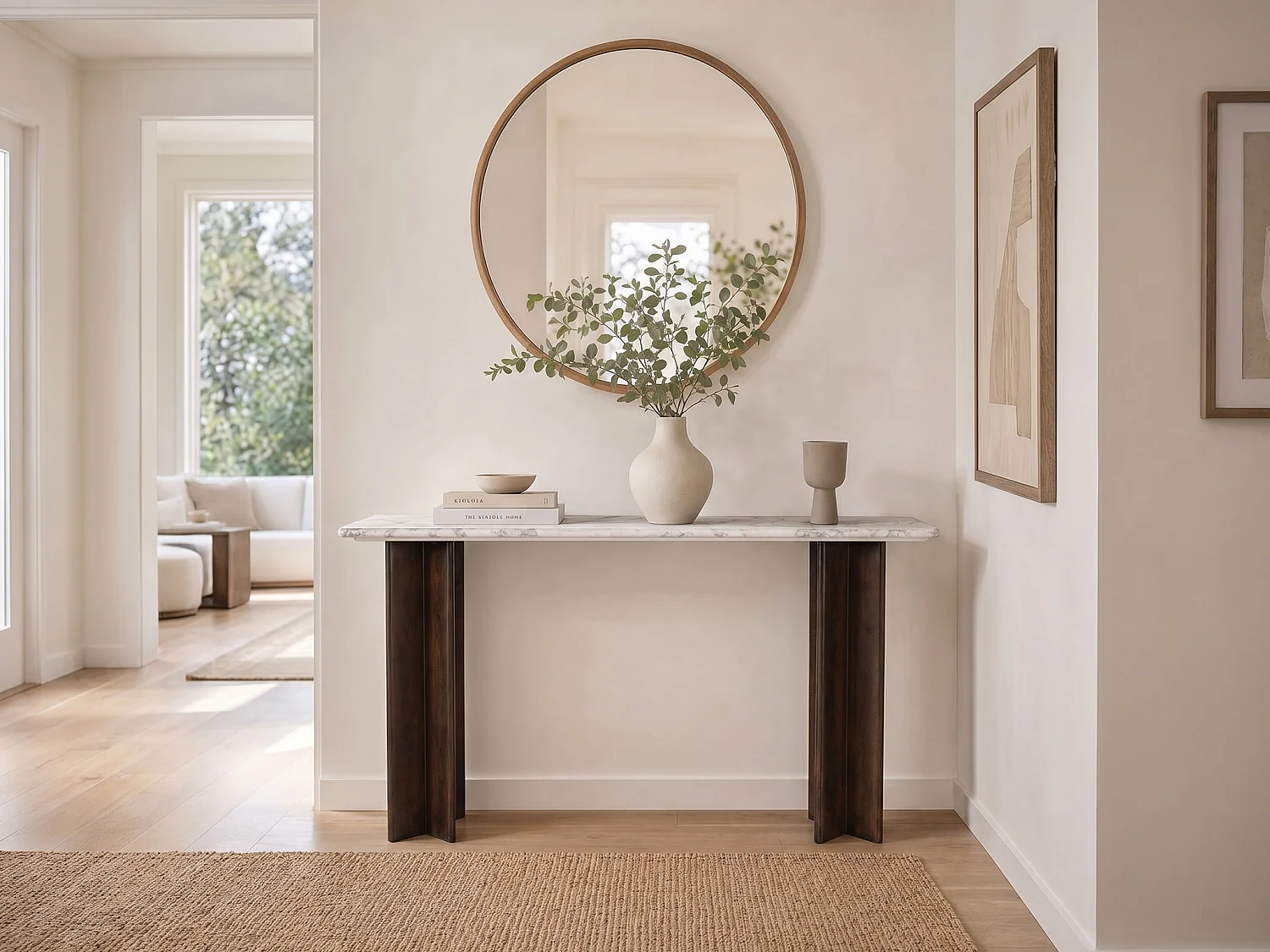 Console en marbre et bois d'acacia - Beige et Naturel foncé - NEYALIA