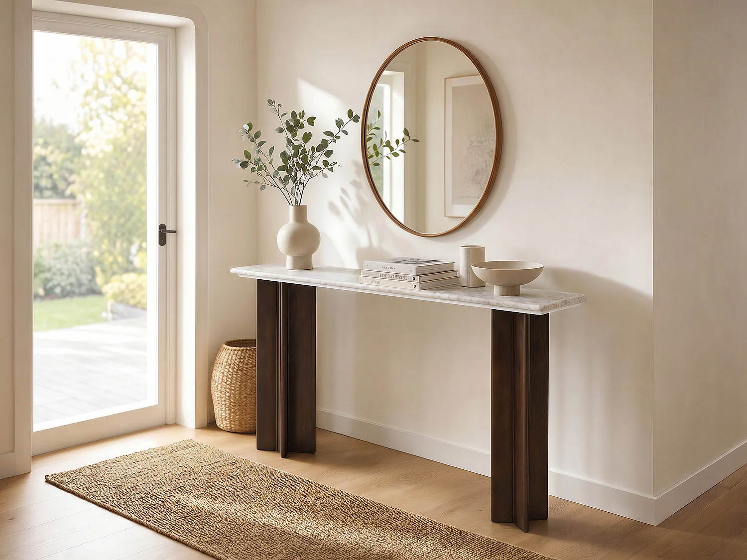 Console en marbre et bois d'acacia - Beige et Naturel foncé - NEYALIA