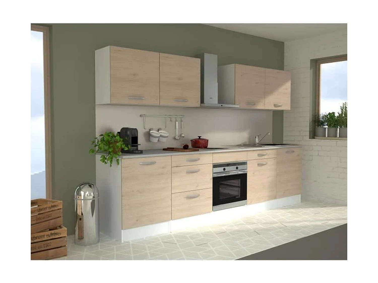 Komplette Küche – 300 cm – Eichendekor – Arbeitsplatte inklusive