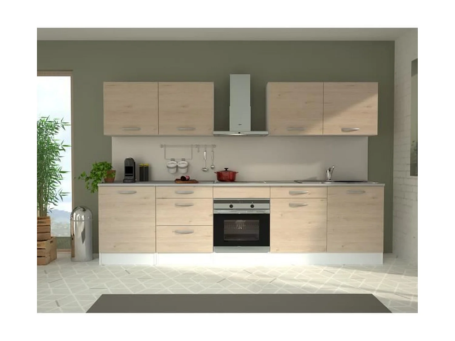 Komplette Küche – 300 cm – Eichendekor – Arbeitsplatte inklusive