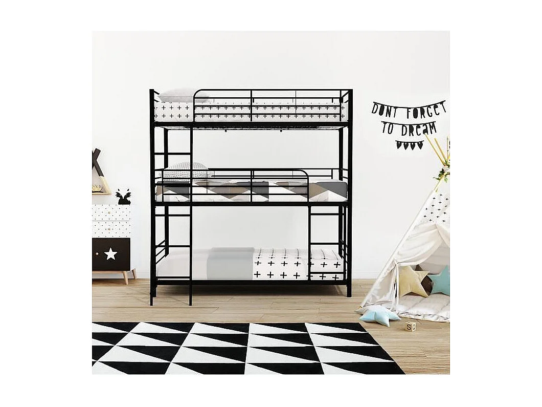 Dreifach-Etagenbett aus schwarzem Epoxid-Metall TRIO 3x90x190 cm mit Lattenrosten und wendbarer Leiter