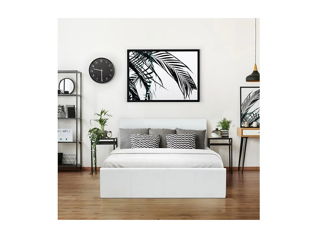 Lit adulte AUCUNE MARTIN 140 x 190 cm simili blanc avec coffre et sommier à lattes