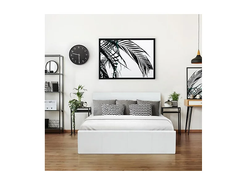 Lit adulte AUCUNE MARTIN 140 x 190 cm simili blanc avec coffre et sommier à lattes