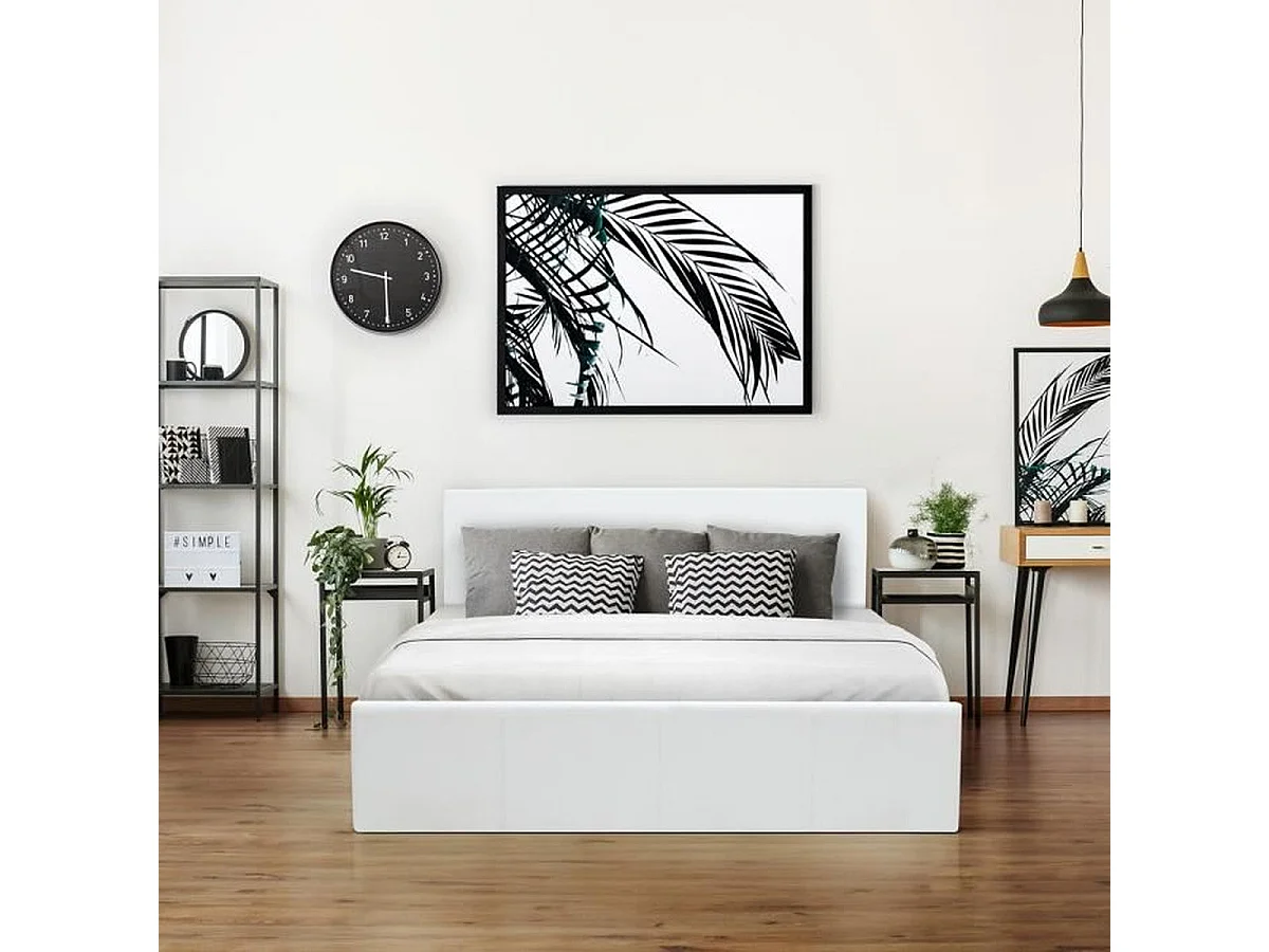 Lit coffre MARTIN AUCUNE 160 x 200 avec sommier à lattes, simili blanc