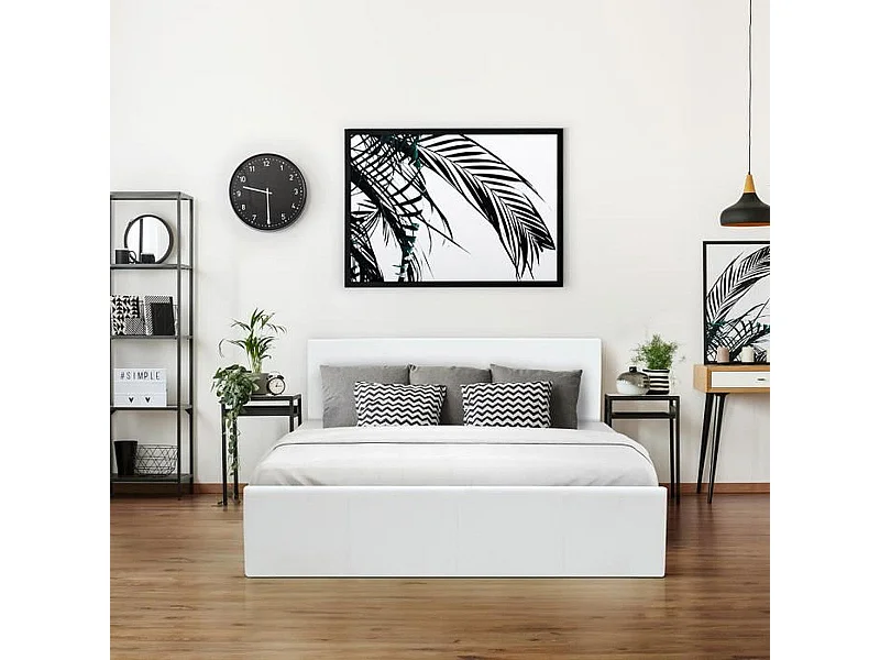 Bett mit Stauraum MARTIN 160x200 cm weiße Kunstlederoptik mit Lattenrost aus Holz und großem integriertem Stauraum