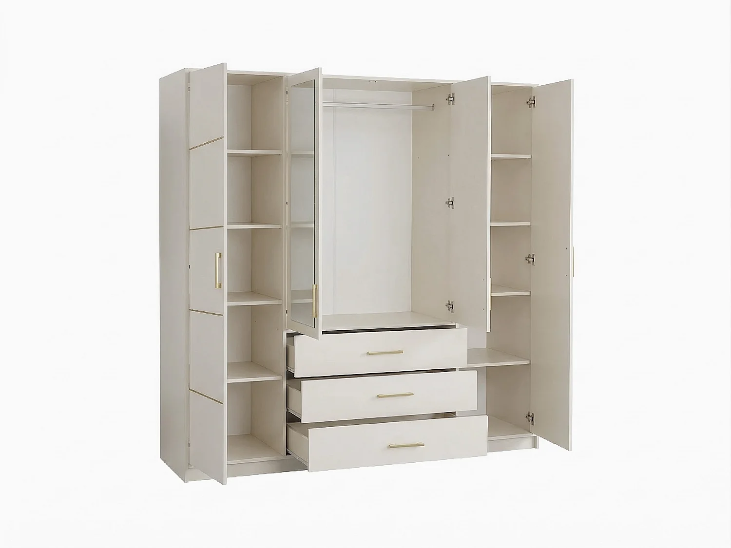 Kleiderschrank mit 4 Türen und 3 Schubladen – Mit Spiegeln – B196 – Beige und Gold - MONLIO