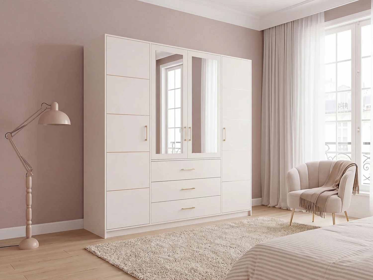 Kleiderschrank mit 4 Türen und 3 Schubladen – Mit Spiegeln – B196 – Beige und Gold - MONLIO