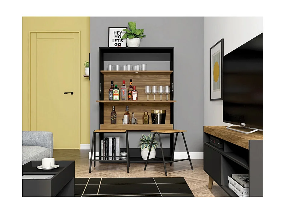 Meuble Secrétaire - Bar Noir et Chêne 4 Niches L 90 H 140.5 P 36 cm