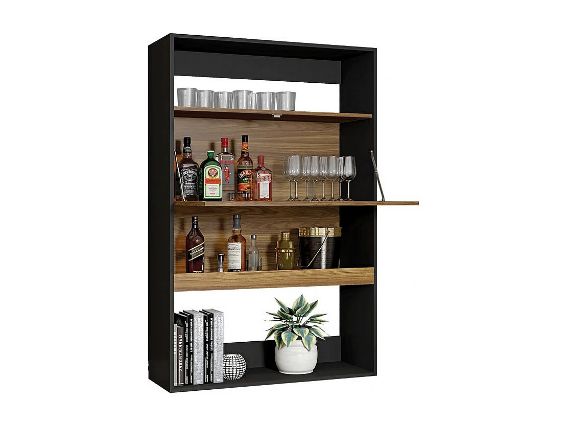 Meuble Secrétaire - Bar Noir et Chêne 4 Niches L 90 H 140.5 P 36 cm