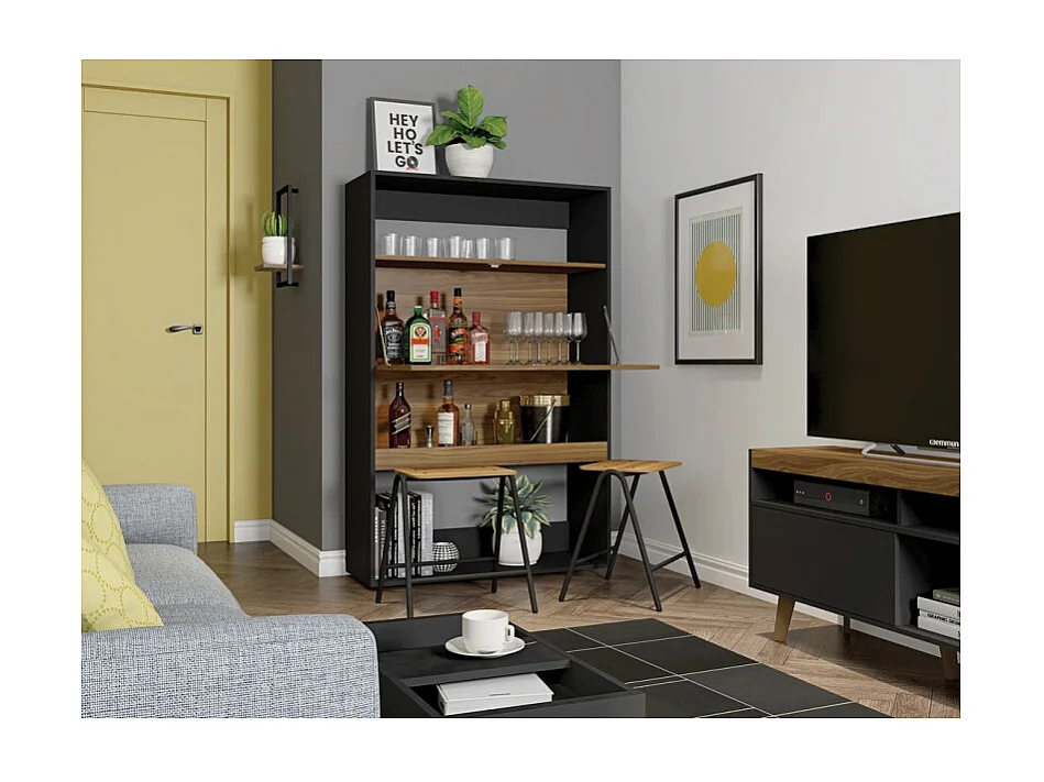 Meuble Secrétaire - Bar Noir et Chêne 4 Niches L 90 H 140.5 P 36 cm