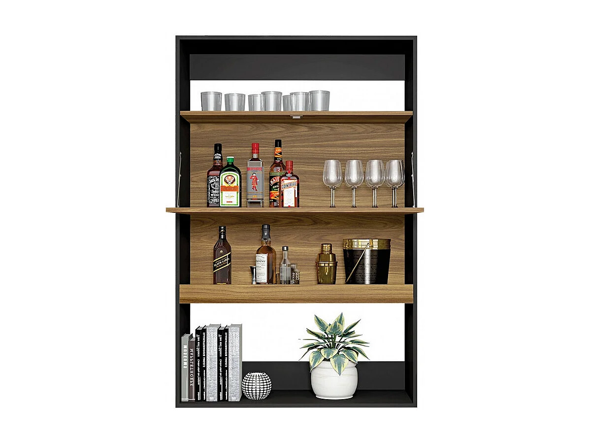 Meuble Secrétaire - Bar Noir et Chêne 4 Niches L 90 H 140.5 P 36 cm