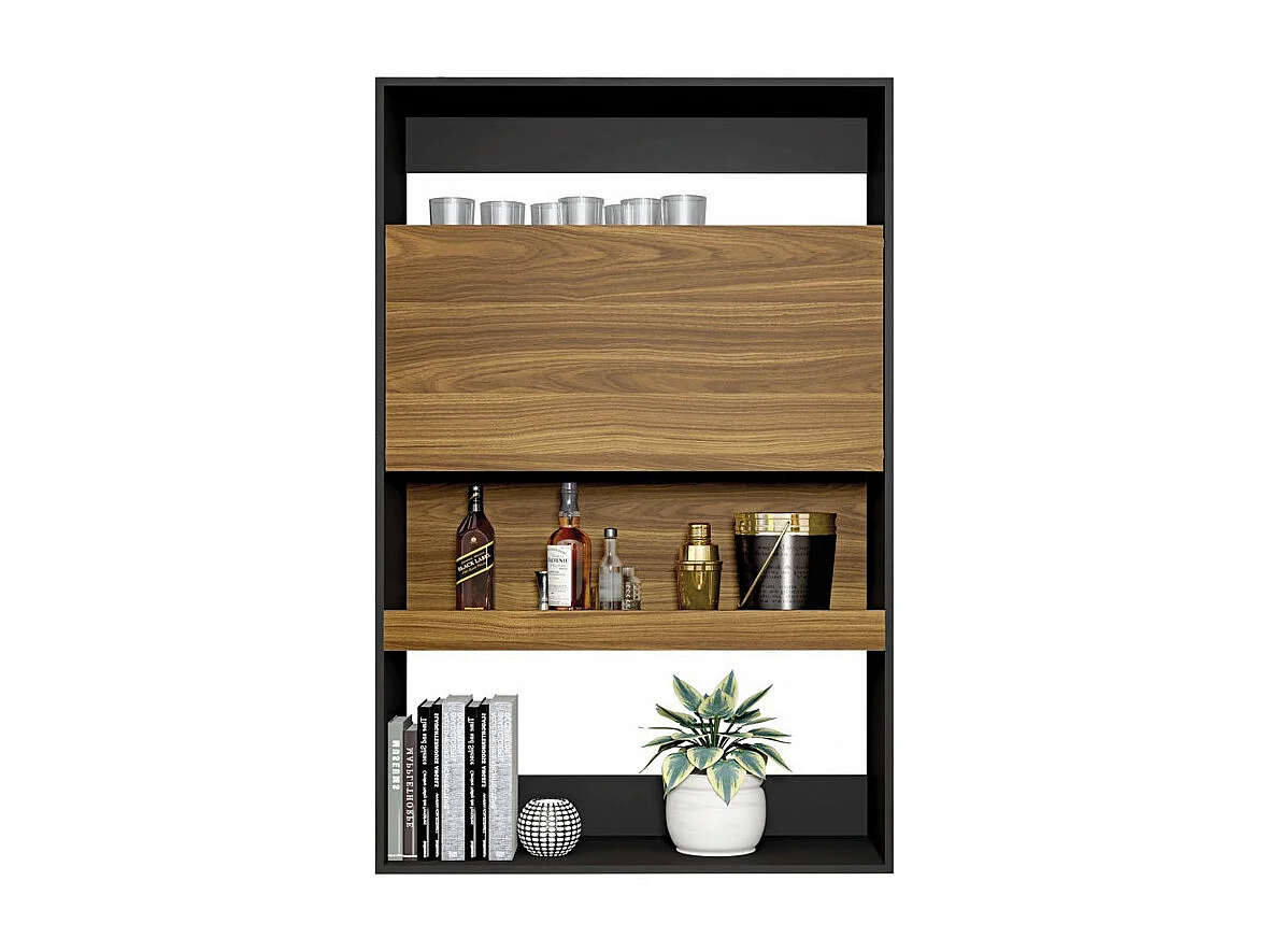 Meuble Secrétaire - Bar Noir et Chêne 4 Niches L 90 H 140.5 P 36 cm