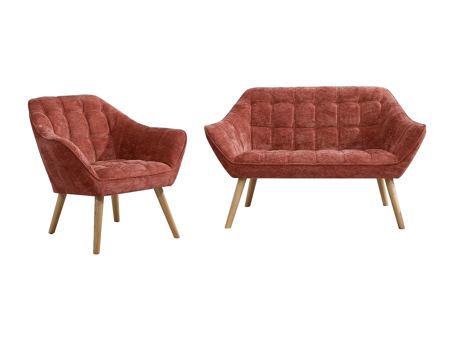 Canapé 2 places et fauteuil en tissu texturé terracotta CASERTA