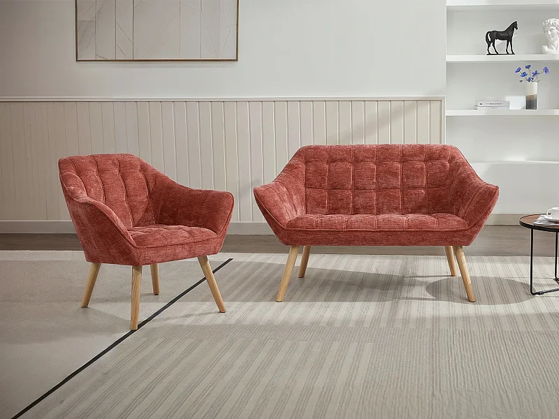 Canapé 2 places et fauteuil en tissu texturé terracotta CASERTA