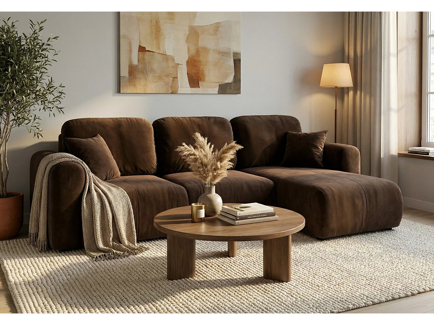 Canapé d’angle convertible élégant, version droite, BINGO L, 245 × 148 × 87 cm, en tissu Kronos 6 marron