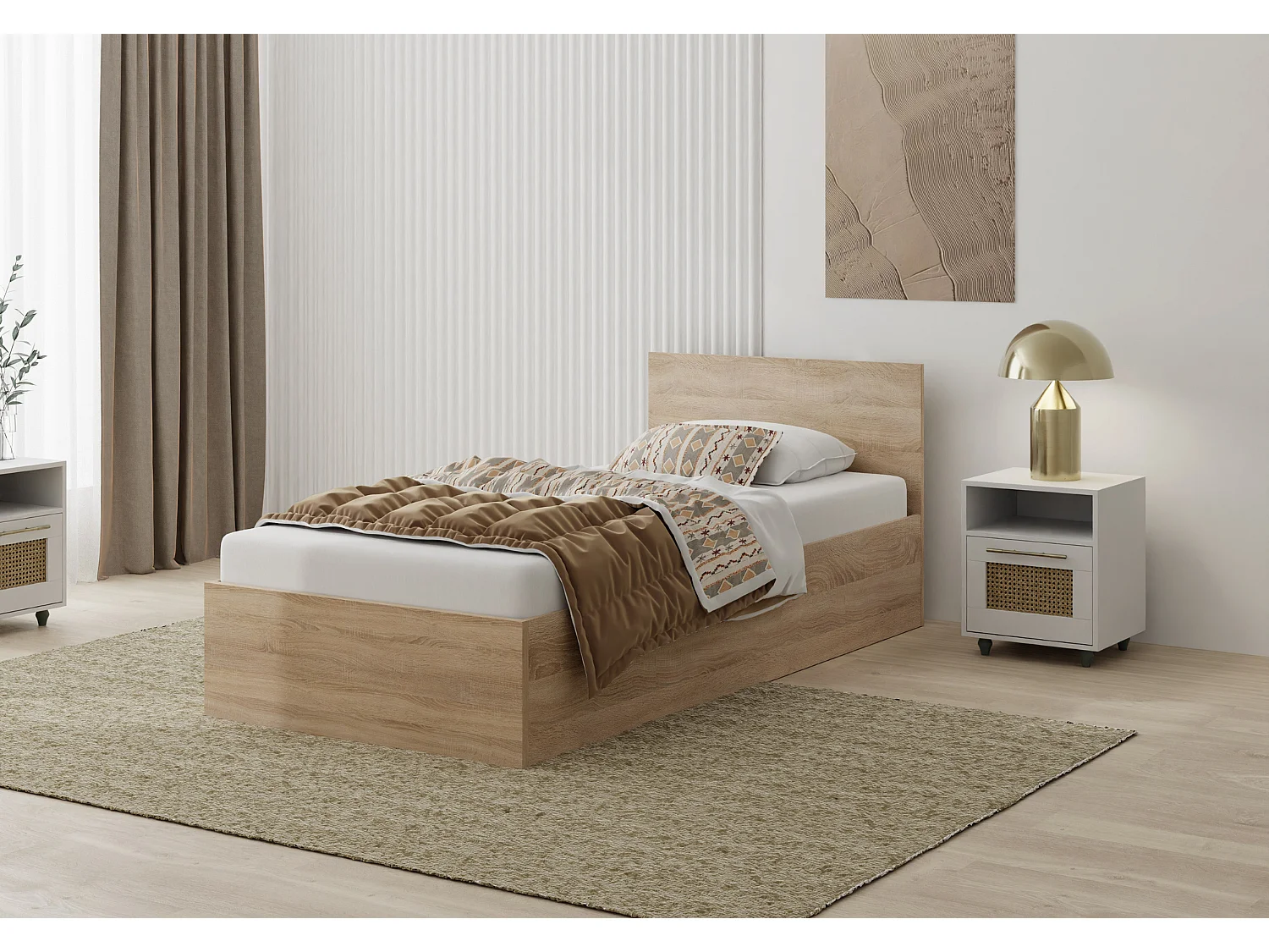 Houten bed met matras AVI 90x200 cm in Artisan eiken kleur