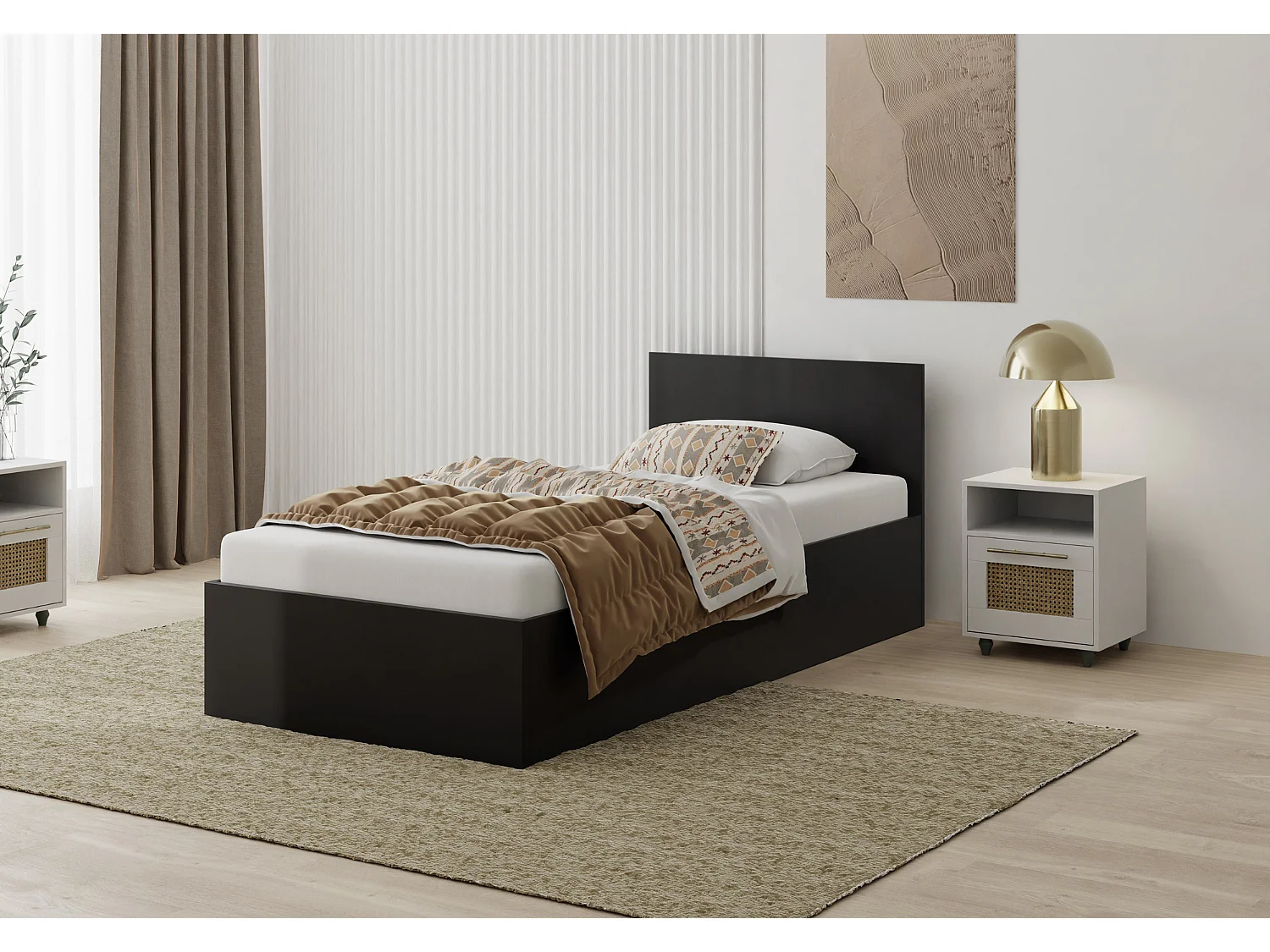 Houten bed met matras AVI 90×200 cm in zwarte kleur