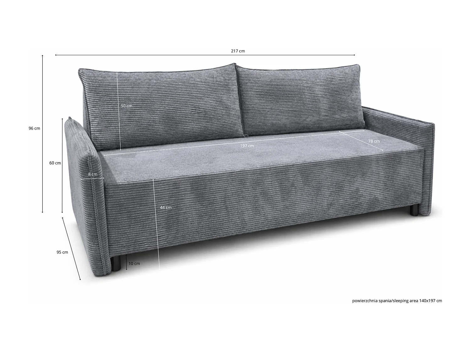 CORDO – 3-zitsbank met slaapfunctie 197×140 cm, stof Poso 22 grij