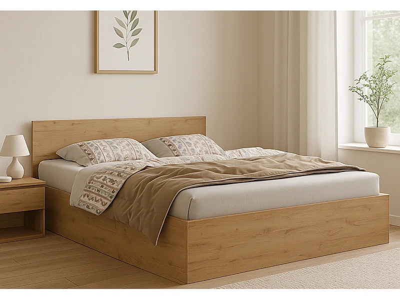 Houten bed met matras AVI 140×200 cm in kleur eiken craft