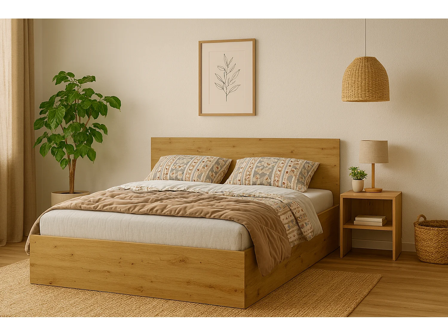 Houten bed met matras AVI 140x200 cm in Artisan eiken kleur