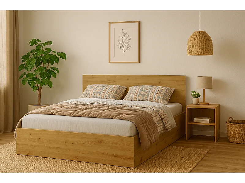 Houten bed met matras AVI 140x200 cm in Artisan eiken kleur
