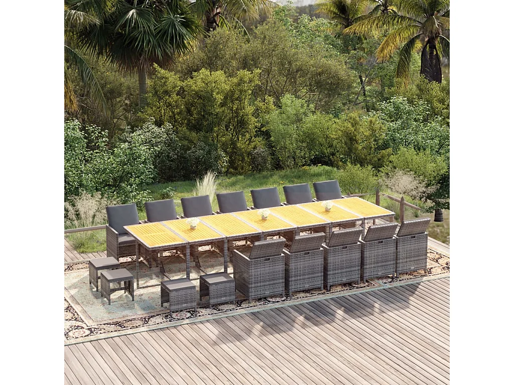 Set de comedor jardín 19 piezas con cojines ratán sintético gris