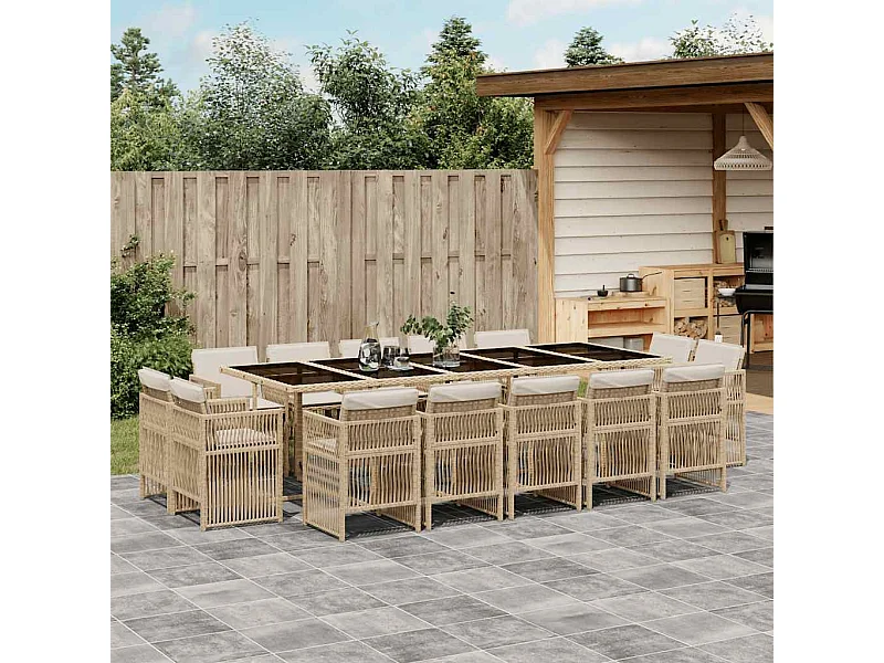 Set comedor de jardín con cojines 15 piezas ratán sintético beige