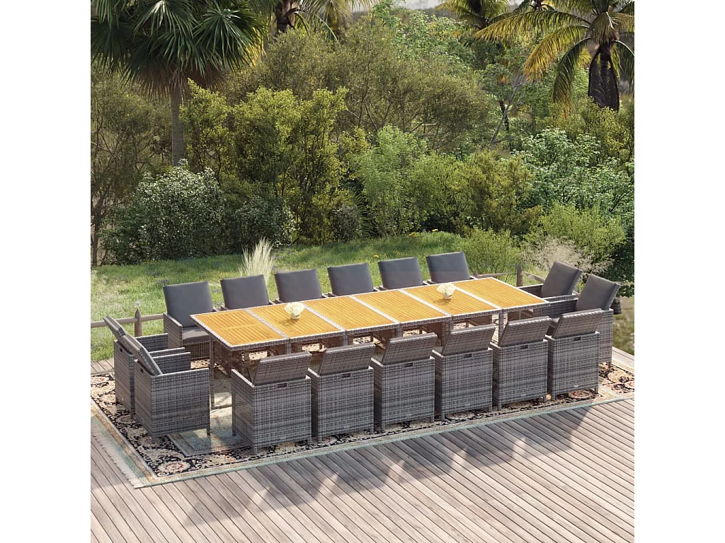 Set de comedor jardín 17 piezas con cojines ratán sintético gris