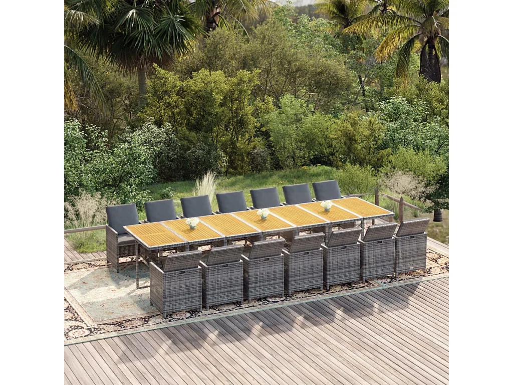 Set comedor de jardín con cojines 15 piezas ratán sintético gris