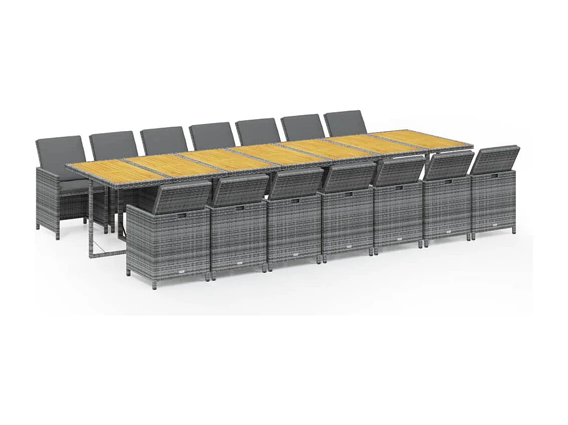 Set comedor de jardín con cojines 15 piezas ratán sintético gris