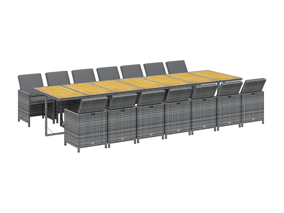 Set comedor de jardín con cojines 15 piezas ratán sintético gris