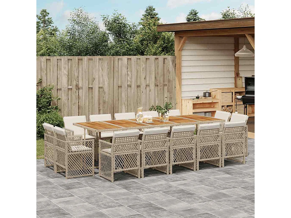 Set comedor de jardín con cojines 15 piezas ratán sintético beige