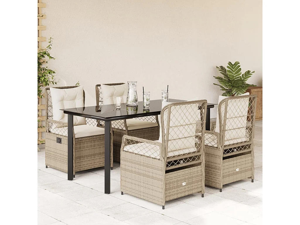 Set comedor de jardín 5 piezas con cojines ratán sintético beige