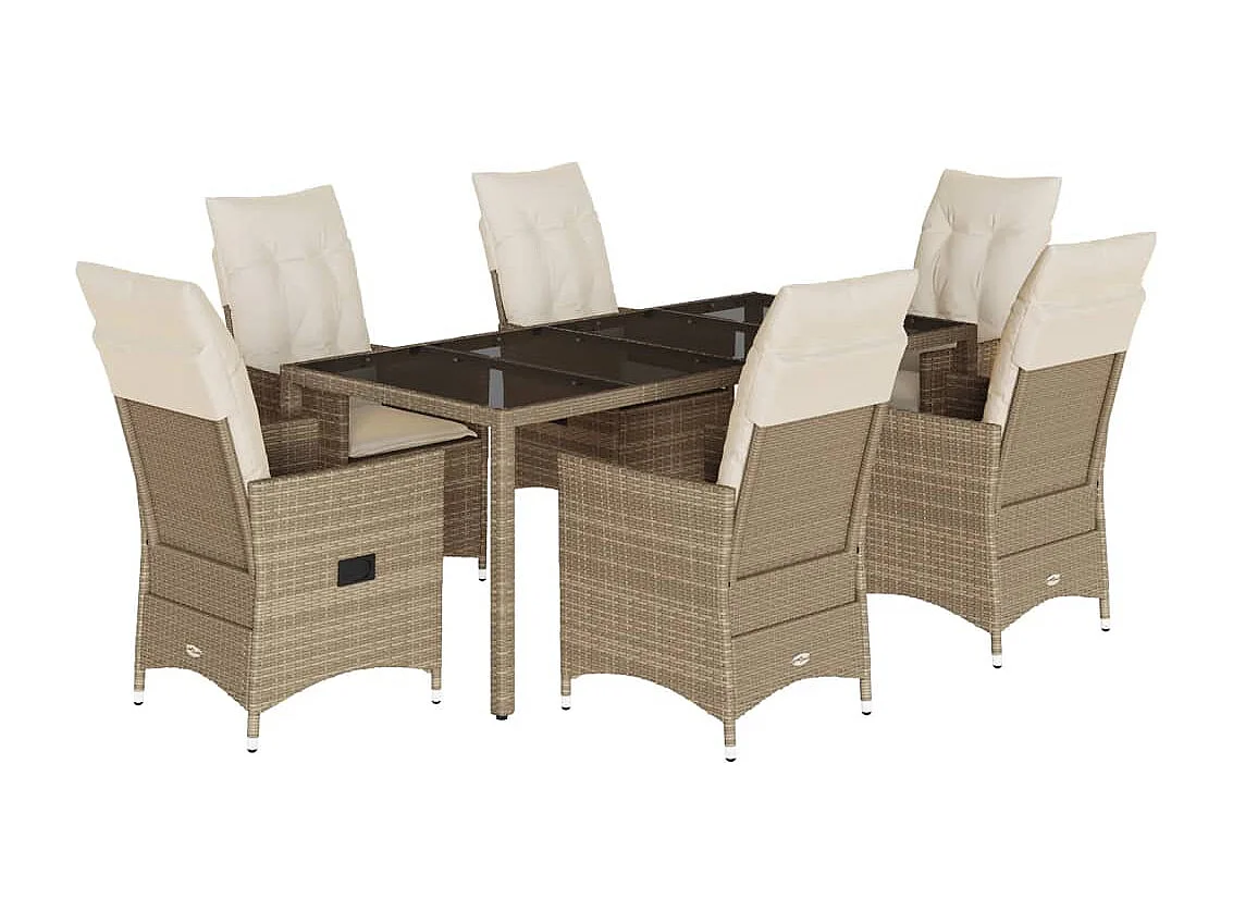 Ensemble à manger de jardin et coussins 7 pièces beige poly rotin