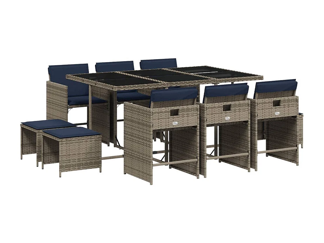Ensemble à manger de jardin 11 pièces coussins gris résine tressée