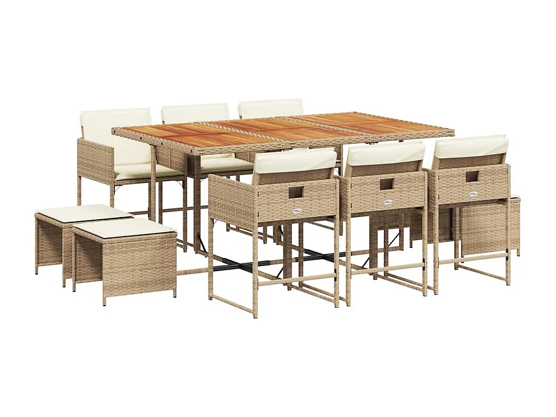 Set comedor de jardín 11 piezas con cojines ratán sintético beige