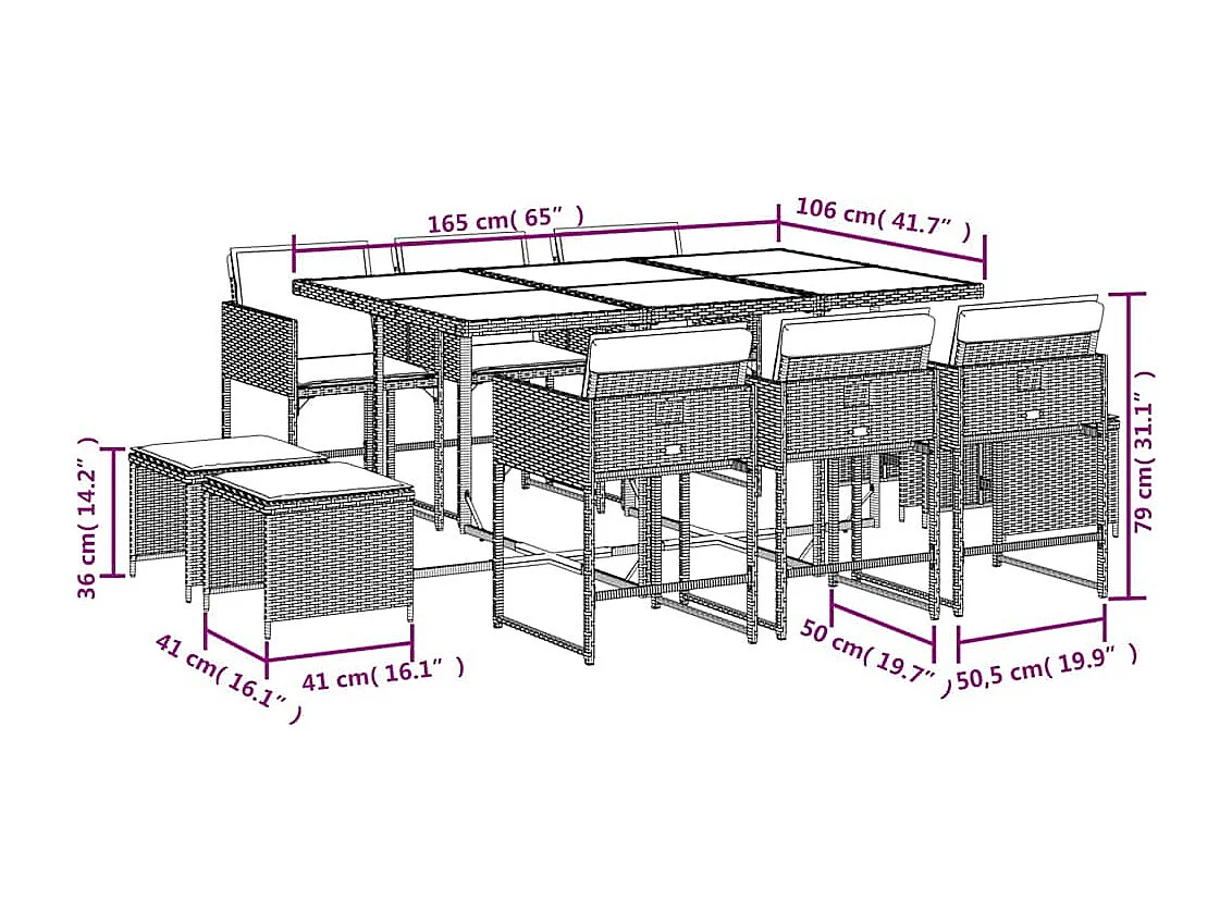 Set comedor de jardín 11 piezas con cojines ratán sintético beige