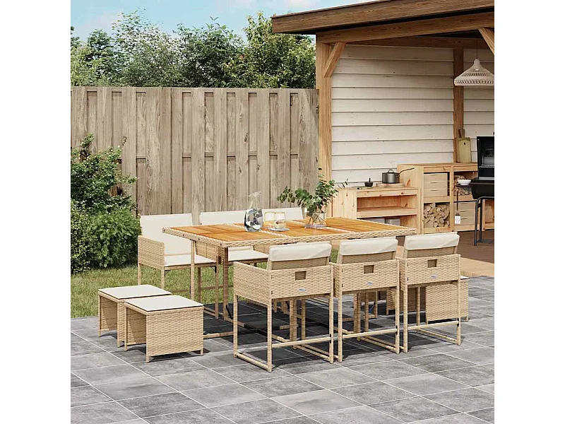 Set comedor de jardín 11 piezas con cojines ratán sintético beige