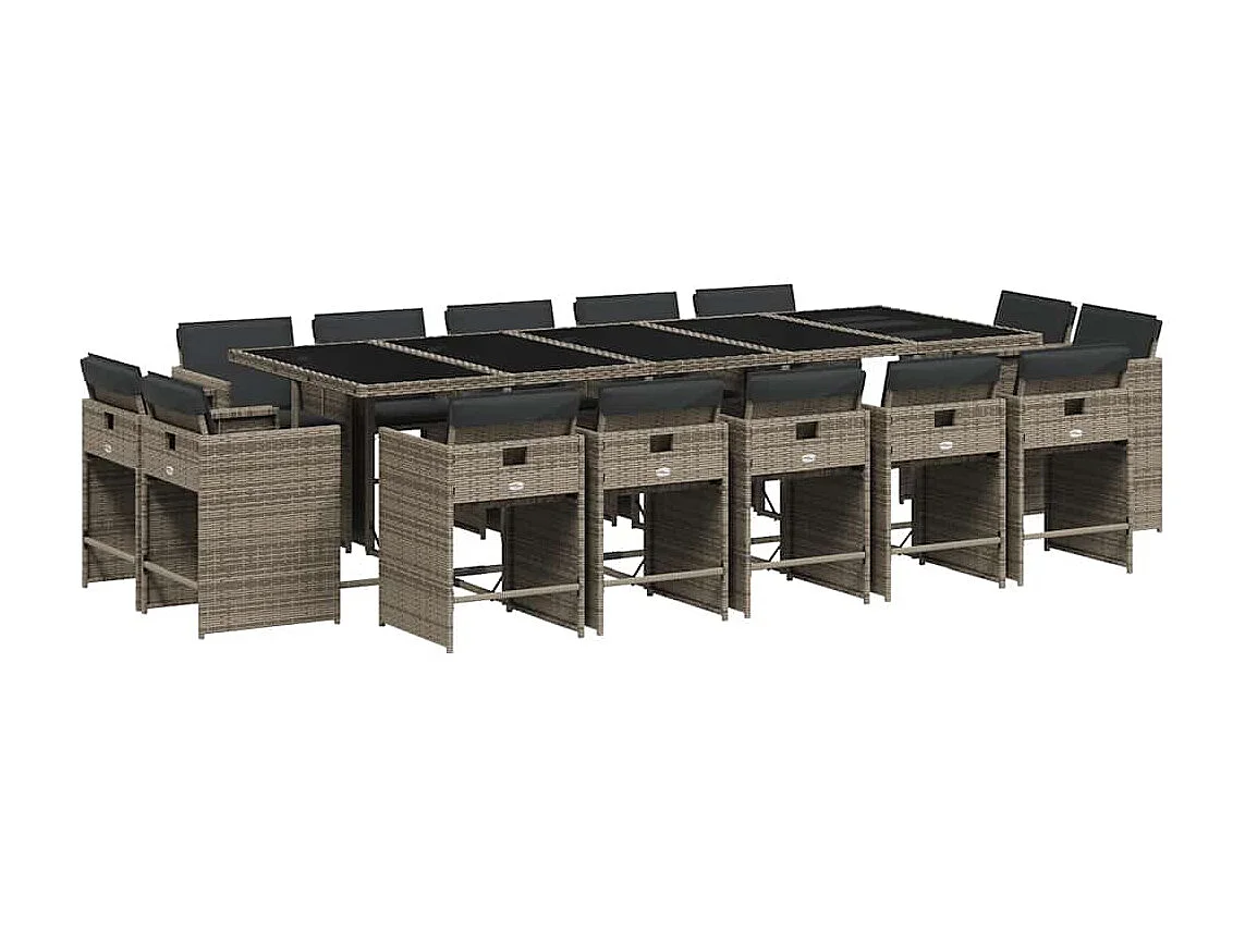 Set comedor de jardín con cojines 15 piezas ratán sintético gris