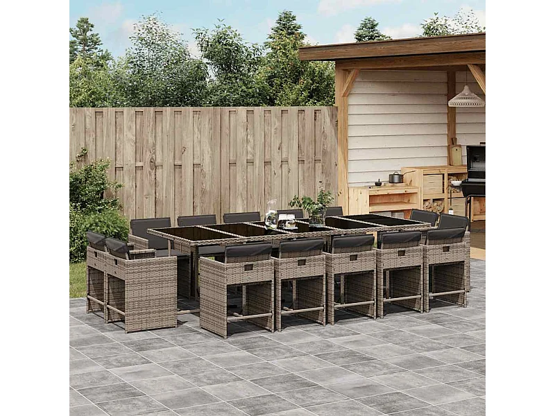 Set comedor de jardín con cojines 15 piezas ratán sintético gris