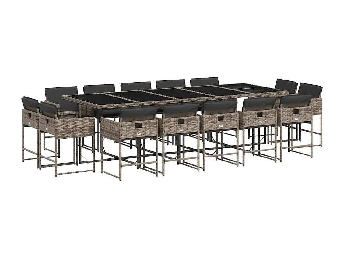 Set comedor de jardín con cojines 15 piezas ratán sintético gris