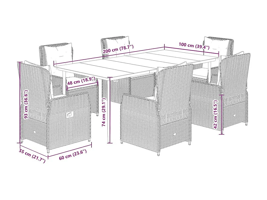 Set comedor de jardín 7 piezas con cojines ratán sintético beige