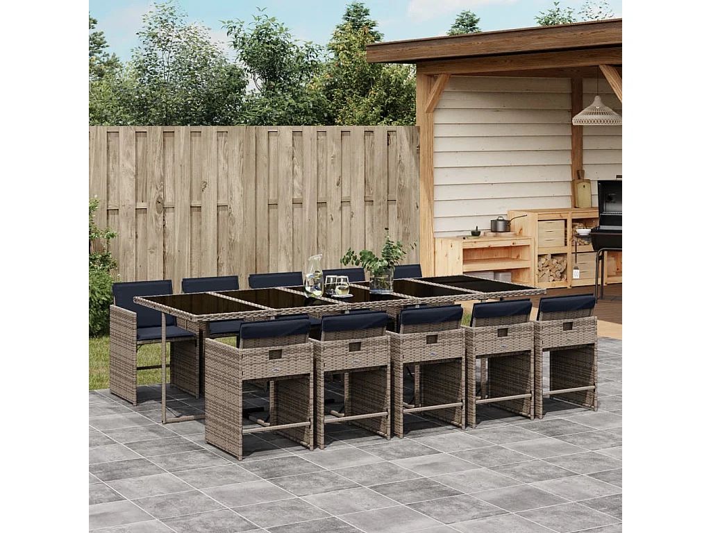 Ensemble à manger de jardin 11 pièces coussins gris résine tressée