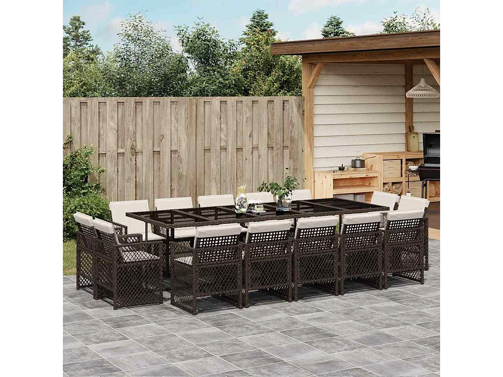 Set comedor de jardín y cojines 15 piezas ratán sintético marrón