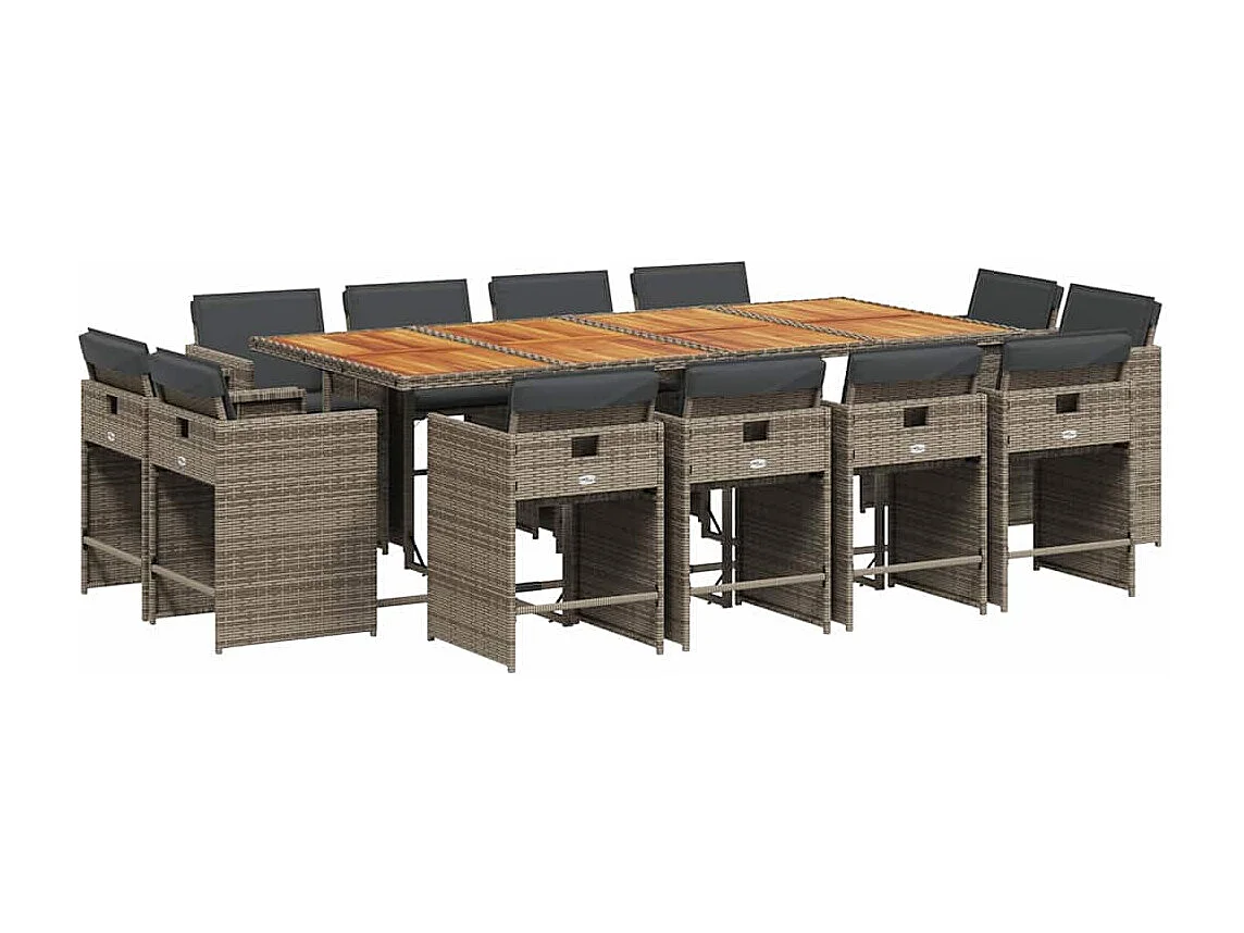 Set comedor de jardín con cojines 13 piezas ratán sintético gris