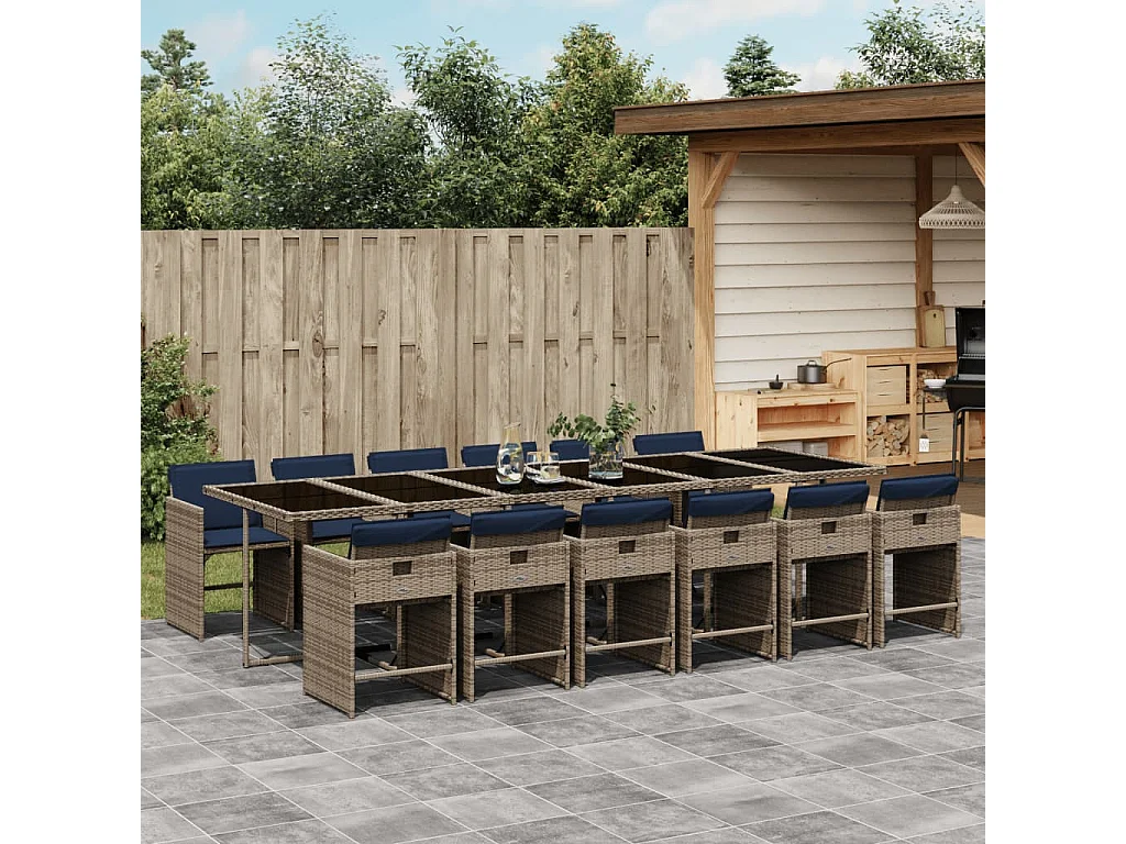 Ensemble à manger de jardin avec coussins 13 pièces résine tressée